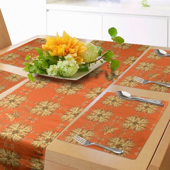 Ambesonne Yellow Damask Table Runner & Placemats, Eastern Abstract, Placemat 4 pcs + Runner 12"x90", Orange Sepia and Yellow