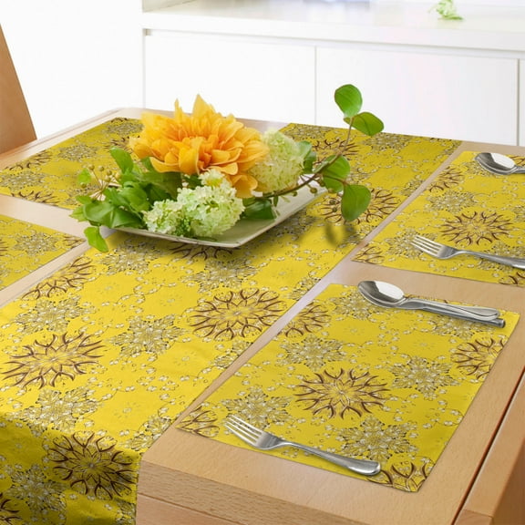 Ambesonne Yellow Damask Table Runner & Placemats, Swirly Flowers, Placemat 4 pcs + Runner 12"x72", Yellow Brown and White
