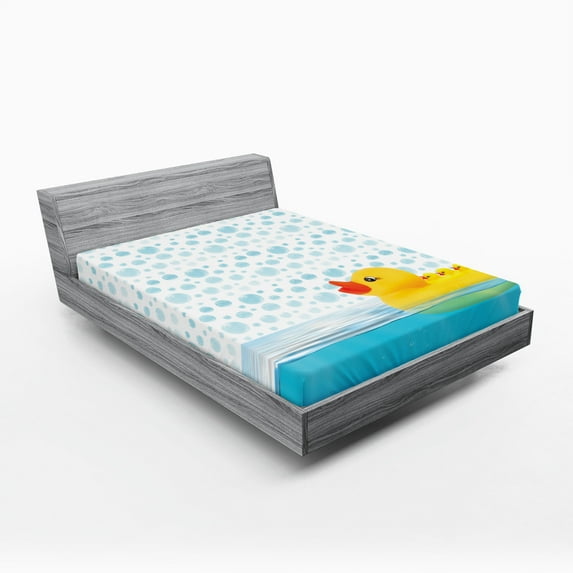 Ambesonne Yellow Duck Fitted Sheet, Animal on Water Bubbles, King Size, Sky Blue Yellow White