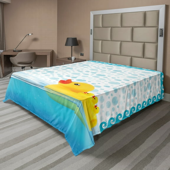 Ambesonne Yellow Duck Flat Sheet, Animal on Water Bubbles, California King, Sky Blue Yellow White