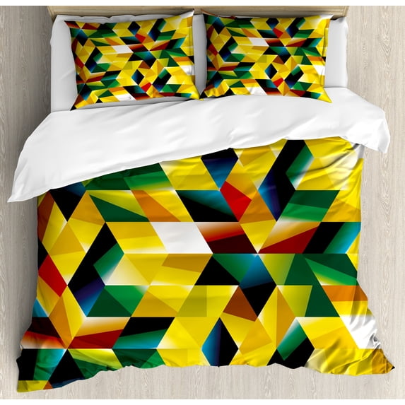 Ambesonne Yellow Duvet Cover Set, Geometric Green, Queen, Yellow Dark Green