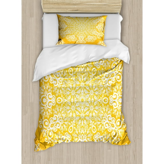 Ambesonne Yellow Duvet Cover Sets, Floral Snowflakes, 2-Twin, Yellow and White