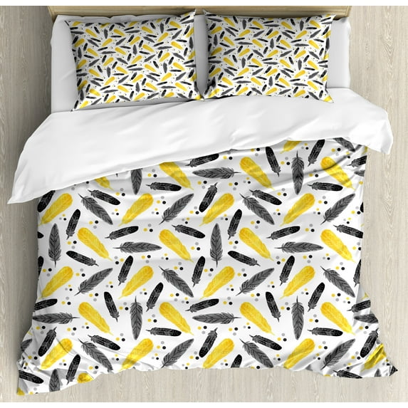 Ambesonne Yellow Duvet Cover Sets, Watercolor Boho Feathers Art, 2-Queen, Mustard Black and Grey