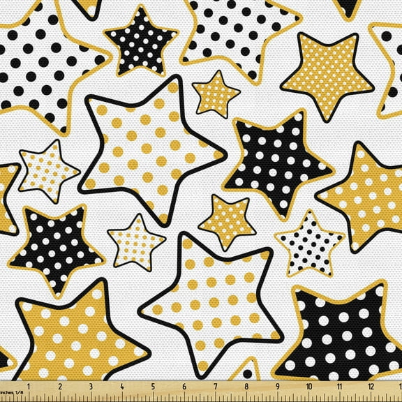 Ambesonne Yellow Fabric by the Yard Upholstery, Retro Polka Dotted Stars, 2 Yards, Marigold Black White
