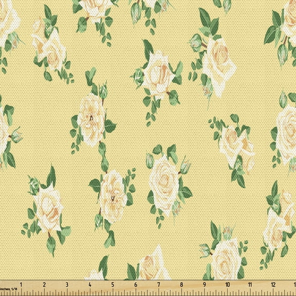 Ambesonne Yellow Fabric by the Yard Upholstery, Rose Arrangements Spring, 1 Yard, Green and Pale Yellow
