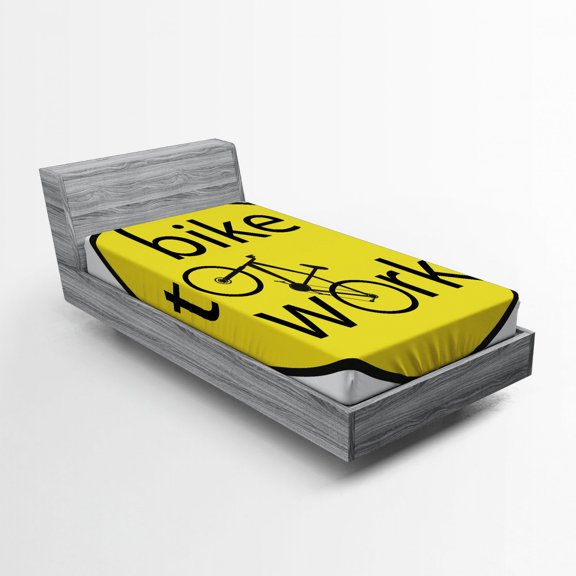 Ambesonne Yellow Fitted Sheet, Bike to Work Lettering Sign, Twin Size, Yellow Black
