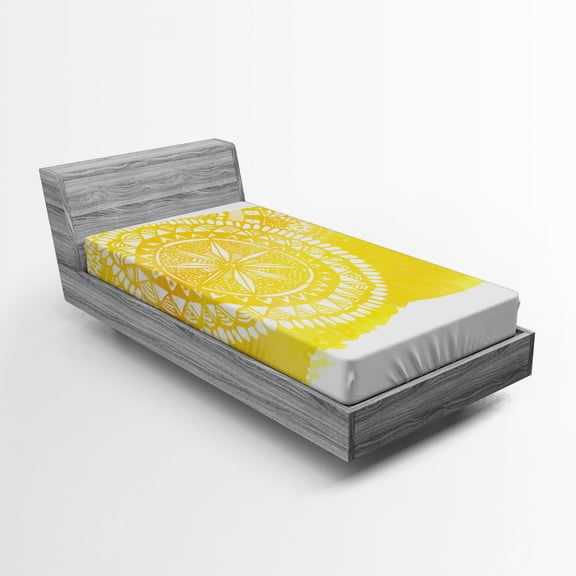 Ambesonne Yellow Fitted Sheet, Mandala Oriental Ethnic, Twin Size, Yellow White