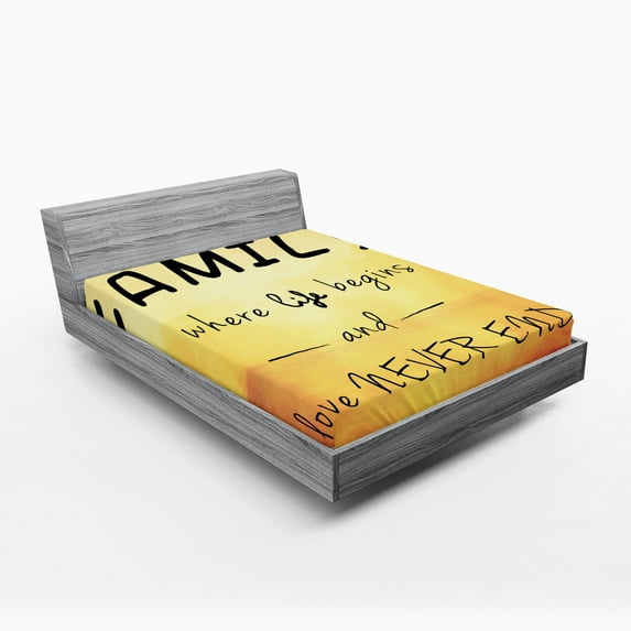 Ambesonne Yellow Fitted Sheet, Message Family, Full Size, Yellow Marigold Black