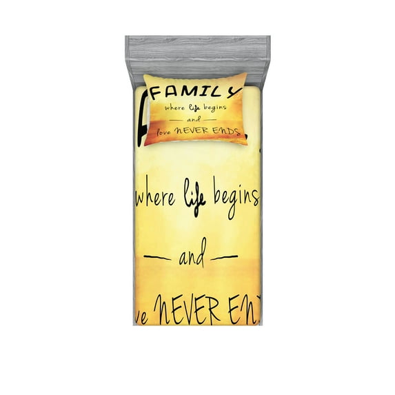 Ambesonne Yellow Fitted Sheet & Pillow Sham Set, Message Family, Twin, Yellow Marigold Black