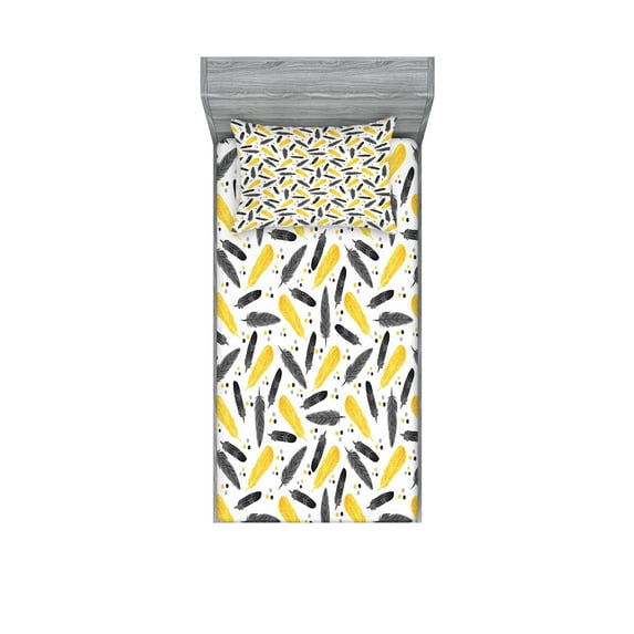 Ambesonne Yellow Fitted Sheet & Pillow Sham Set, Watercolor Boho Feathers Art, Twin, Mustard Black and Grey