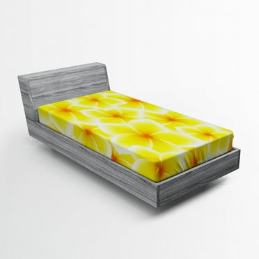 Ambesonne Yellow Fitted Sheet, Plumeria Flower Blossoms, Twin XL Size, Yellow and White
