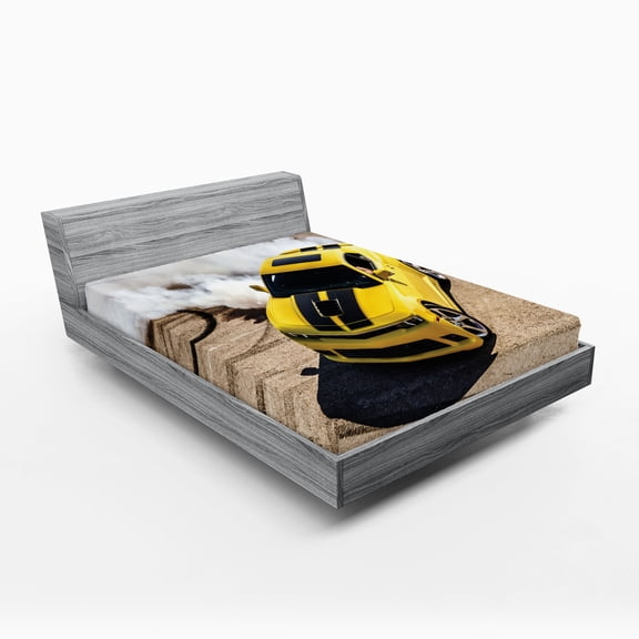 Ambesonne Yellow Fitted Sheet, Racer Speedy Sports Car, Full Size, Yellow Warm Taupe