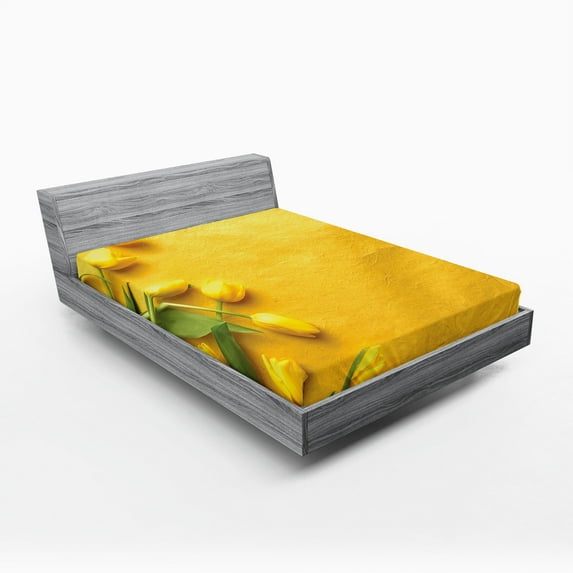 Ambesonne Yellow Fitted Sheet, Tulip Flowers Garden, Queen Size, Yellow Green