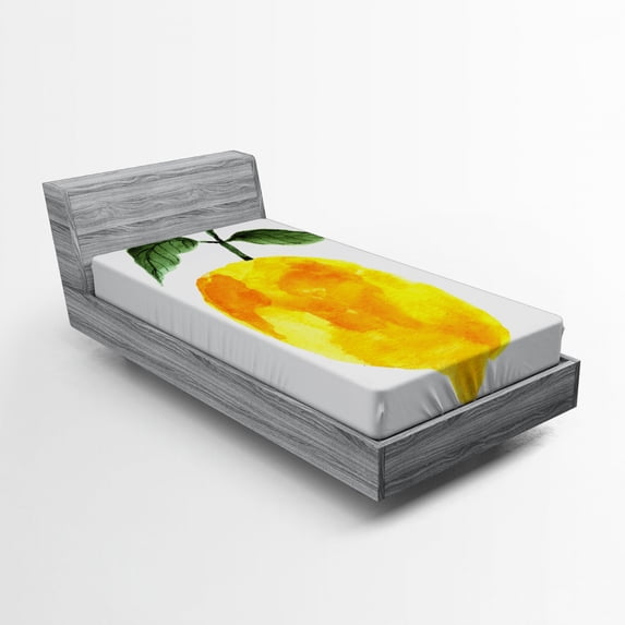 Ambesonne Yellow Fitted Sheet, Watercolor Lemon, Twin Size, Yellow Orange Green