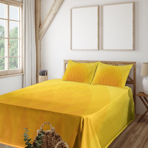 Ambesonne Yellow Fitted & Top Sheet Set with Shams, Color Shades Modern, Orange Yellow