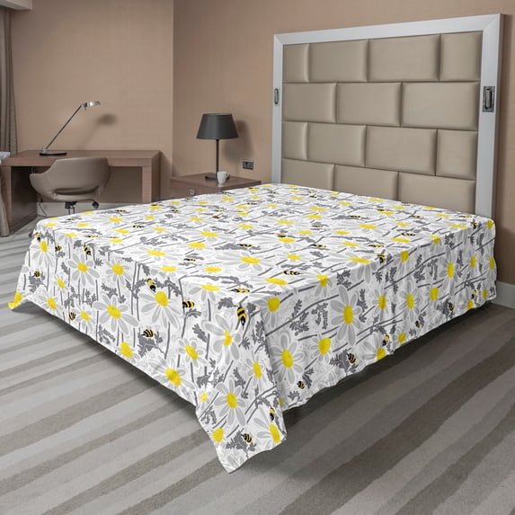 Ambesonne Yellow Flat Sheet, Bees Chamomile Meadow, Queen Size, Grey Yellow White