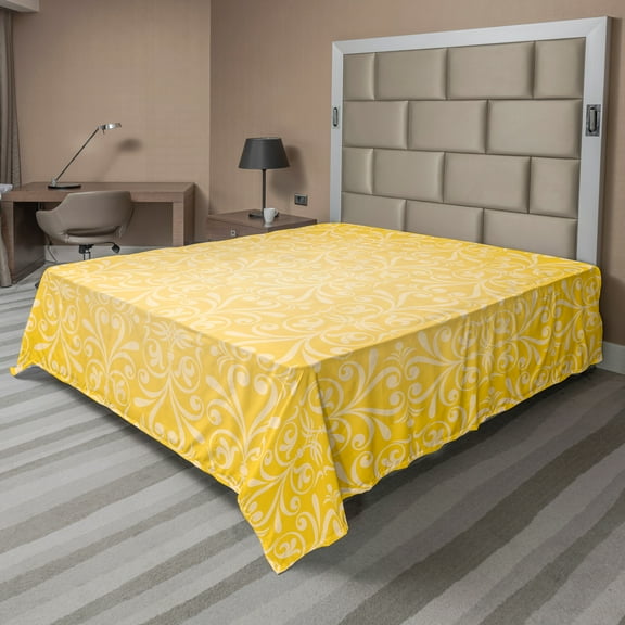 Ambesonne Yellow Flat Sheet, Floral Victorian Retro, King Size, Yellow