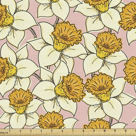 Ambesonne Yellow Flower Fabric by the Yard Upholstery, Flourish Nature, 3 Yards, Pale Pink Yellow Cream