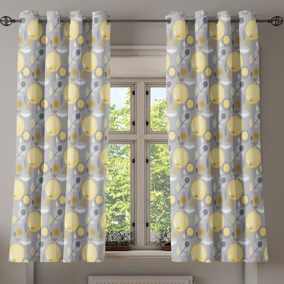 Ambesonne Yellow Flower Grommet Curtain, 60's Pattern, 50" x 54", Pale Yellow Pale Grey