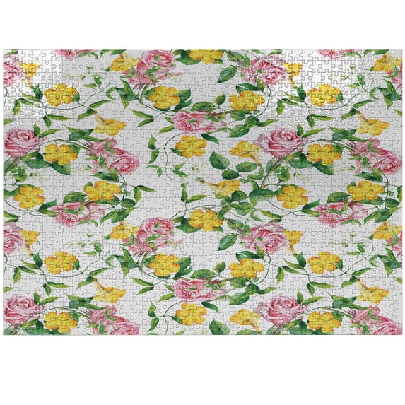 Ambesonne Yellow Flower Jigsaw Puzzle Durable Cardboard, Bindweed Roses, 1000 pcs, Jade Green Pale Pink