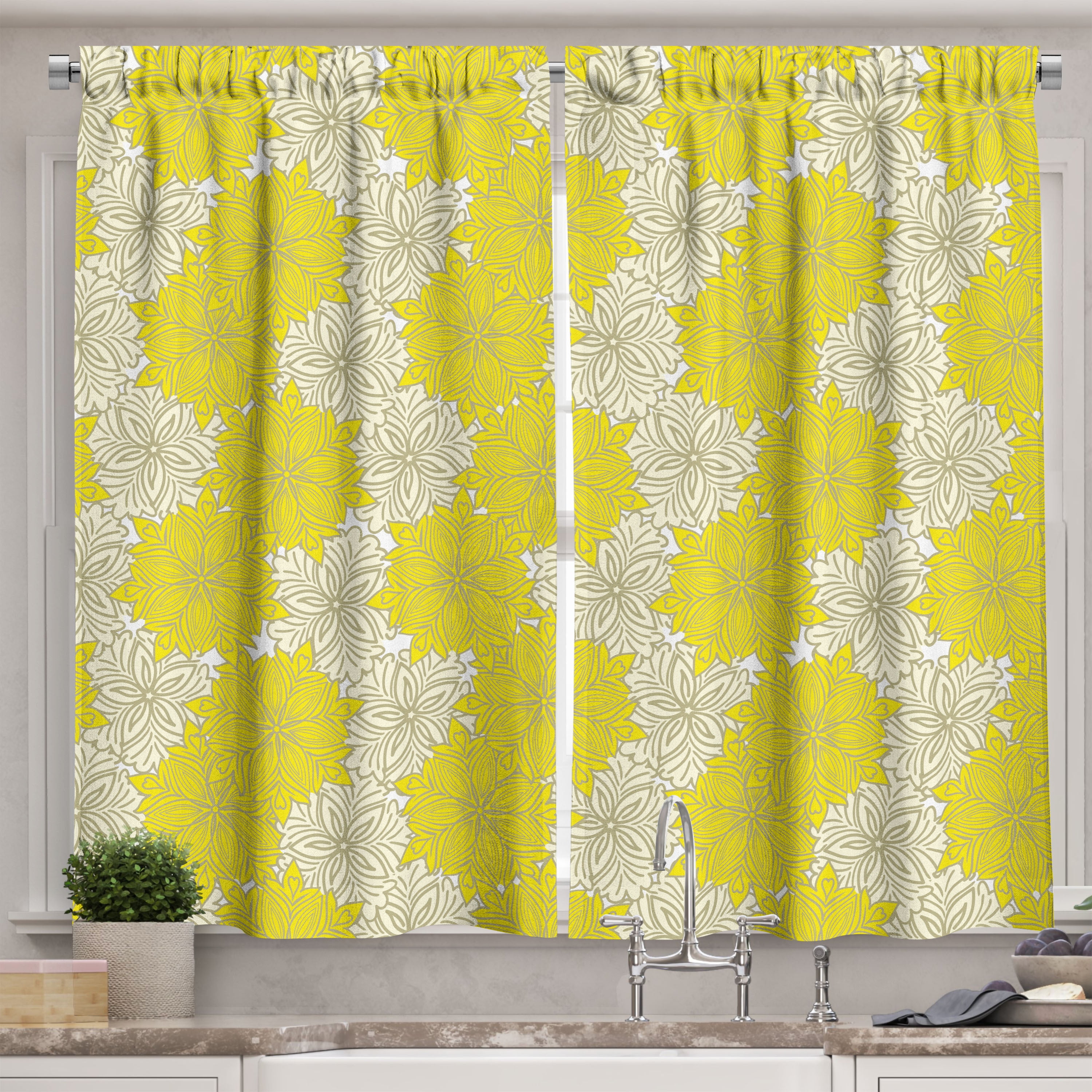 Ambesonne Yellow Flower Kitchen Curtains, Fresh Garden Art, 55"x39 ...