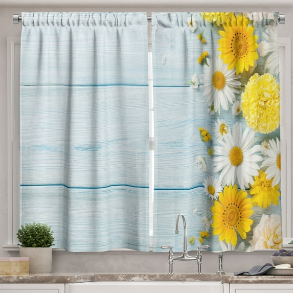 Ambesonne Yellow Flower Kitchen Curtains, Saesonal Garden, 55"x39", Yellow Pale Blue
