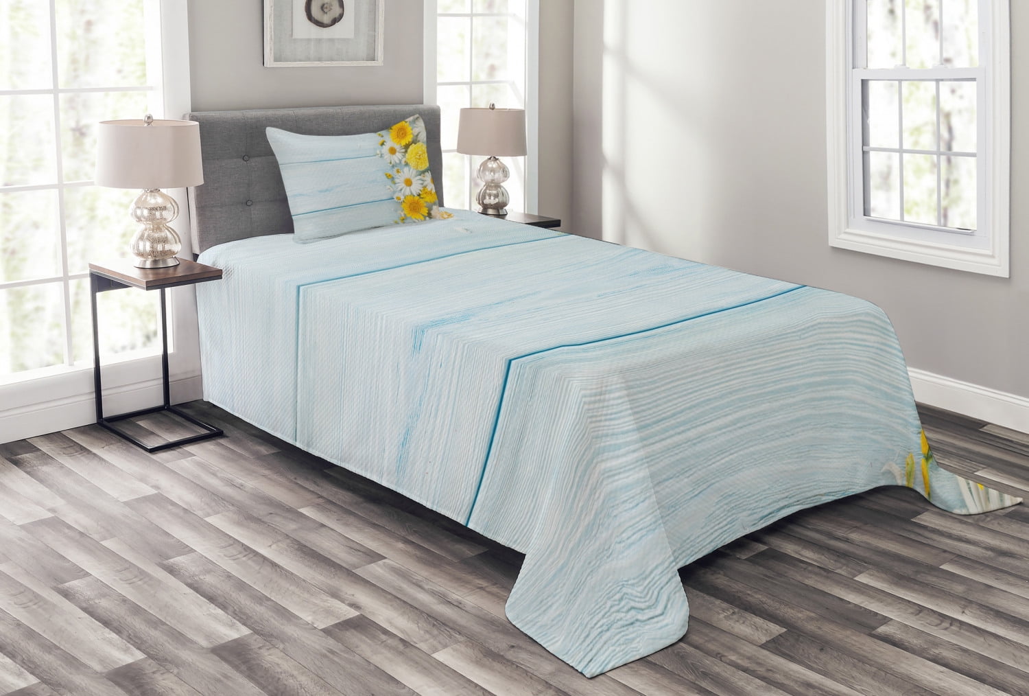 Blue Quilted Twin Bedspread Set with Pillow Sham