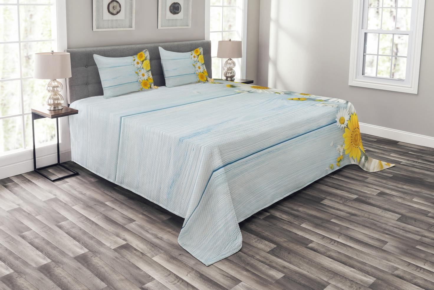 King Size Blue Floral Polyester Bedspread Set