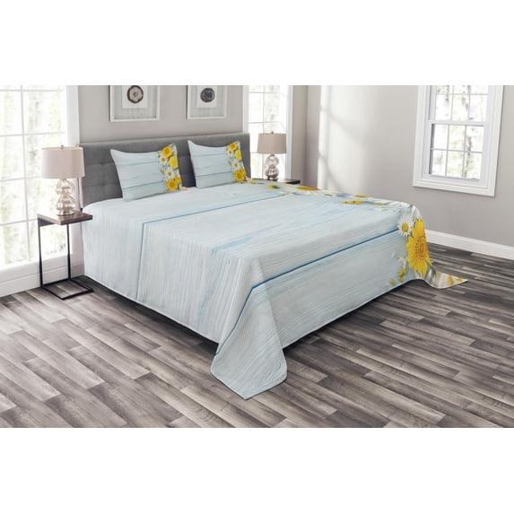 Ambesonne Yellow Flower Quilted Bedspread Set 3 Pcs, Saesonal Garden, King Size, Yellow Pale Blue