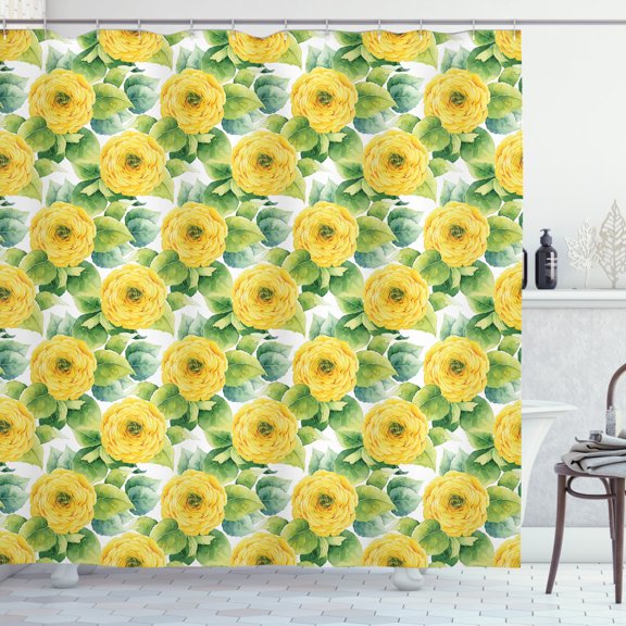 Ambesonne Yellow Flower Shower Curtain, Gardening Plant, 69"Wx84"L, Yellow Fern Green