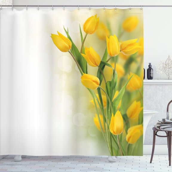 Ambesonne Yellow Flower Shower Curtain, Romantic Tulips, 69"Wx70"L, Mustard Fern Green