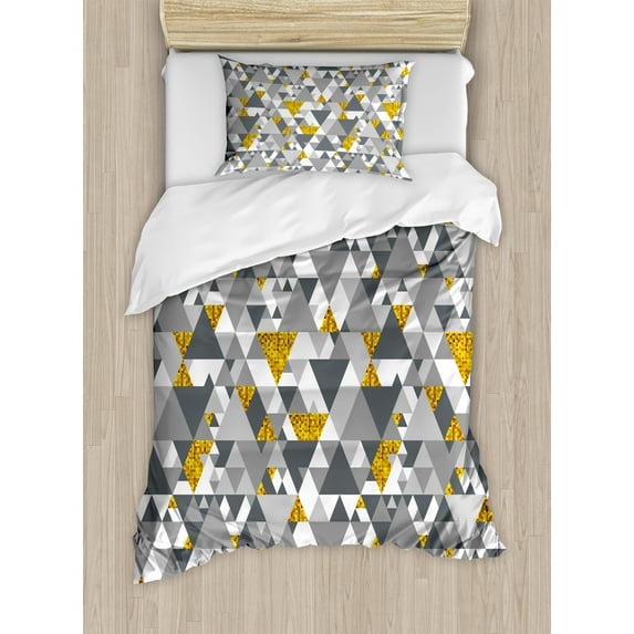 Ambesonne Yellow Grey Duvet Cover Sets, Zig Zag Triangles, 2-Twin, Charcoal Grey Marigold