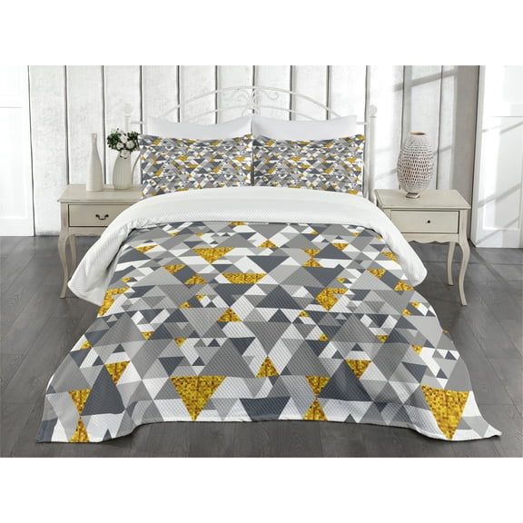 Ambesonne Yellow Grey Quilted Bedspread Set 3 Pcs, Zig Zag Triangles, King Size, Charcoal Grey Marigold