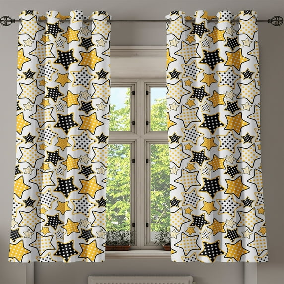 Ambesonne Yellow Grommet Curtain, Retro Polka Dotted Stars, 50" x 54", Marigold Black White