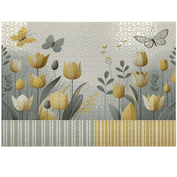 Ambesonne Yellow Jigsaw Puzzle, Modern Scandi Garden Scene, Heirloom-Quality Fun Activity for Family Durable Cardboard, 1000 pcs, Apricot Purpleblue Beige