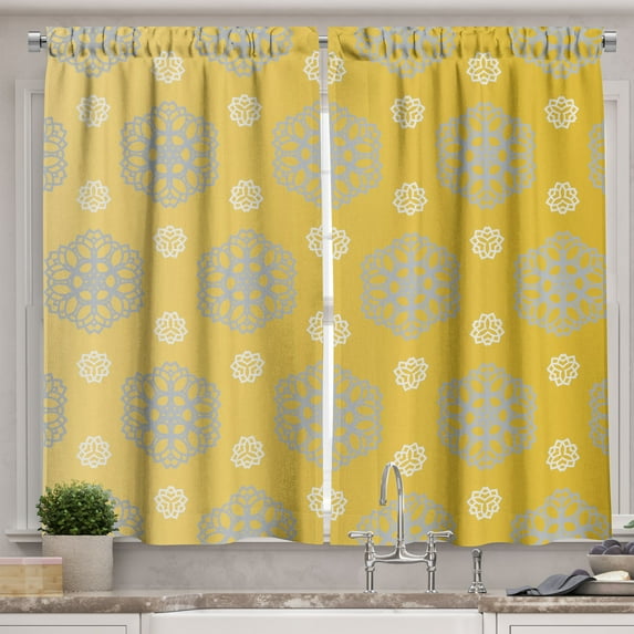 Ambesonne Yellow Kitchen Curtains, Bohemic Flowers, 55"x39", Blue Grey Marigold