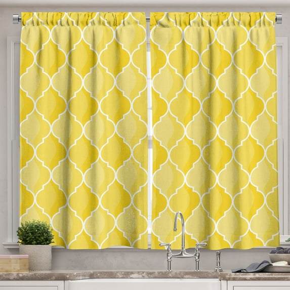 Ambesonne Yellow Kitchen Curtains, Moroccan Trellis, 55"x45", Mustard Yellow White