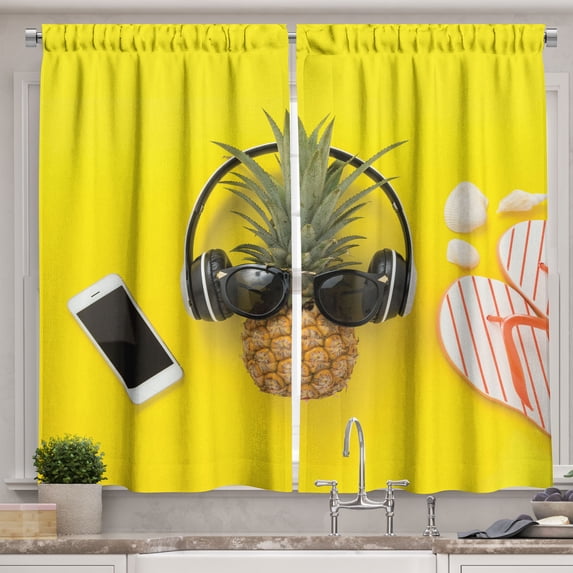 Ambesonne Yellow Kitchen Curtains, Pineapple Sunglasses Print, 55"x39", Burnt Sienna and Dark Orange