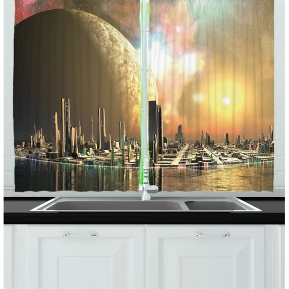 Ambesonne Yellow Kitchen Curtains, Utopia Metropolis Urban, 55"x45", Yellow Peach