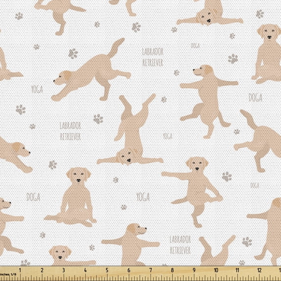 Ambesonne Yellow Lab Fabric by the Yard Upholstery, Funny Doga Yoga Dog Art, 3 Yards, Warm Taupe and White