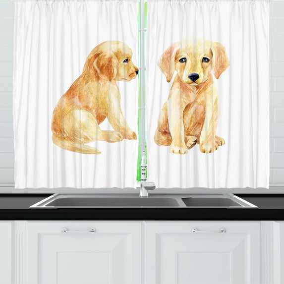 Ambesonne Yellow Lab Kitchen Curtains, Puppy Labrador Sketch, 55"x45", Cream Sand Brown and White