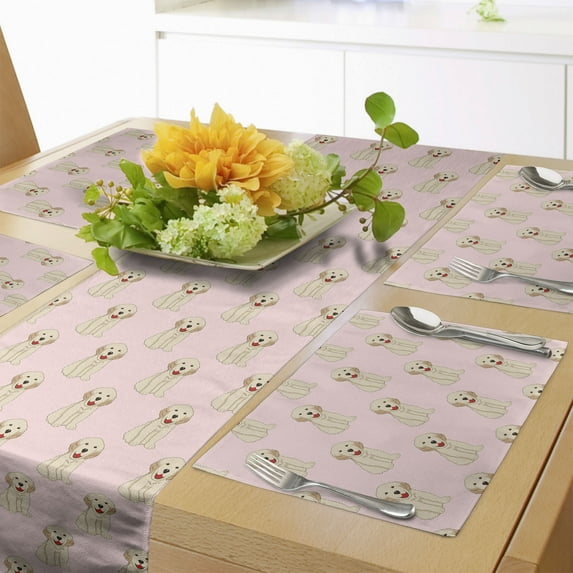 Ambesonne Yellow Lab Table Runner & Placemats, Pastel Funny Labrador, Placemat 4 pcs + Runner 12"x72", Baby Pink Beige Vermilion