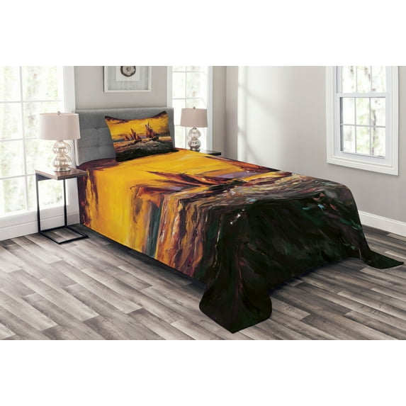 Ambesonne Yellow Orange Quilted Bedspread Set 2 Pcs, Cruise Ship Sun, Twin Size, Yellow Orange