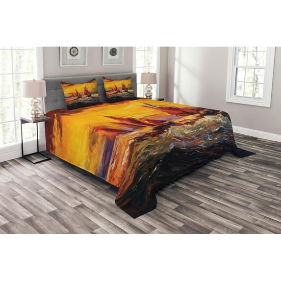 Ambesonne Yellow Orange Quilted Bedspread Set 3 Pcs, Cruise Ship Sun, King Size, Yellow Orange