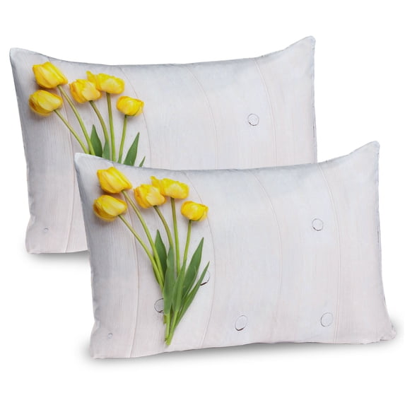 Ambesonne Yellow Pillow Sham 2 Pack, Tulips on Rustic Board, 36"x20", Yellow White Lime Green