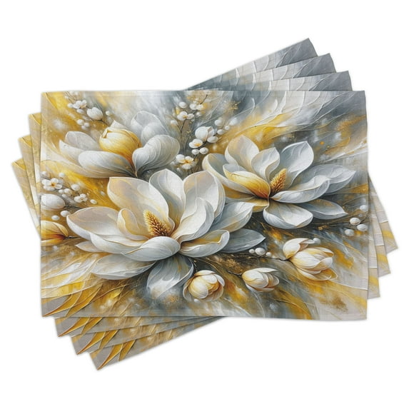 Ambesonne Yellow Place Mats Set of 4, Modern Magnolia Flowers Art, Standard Size, Pale Orange Blue Grey