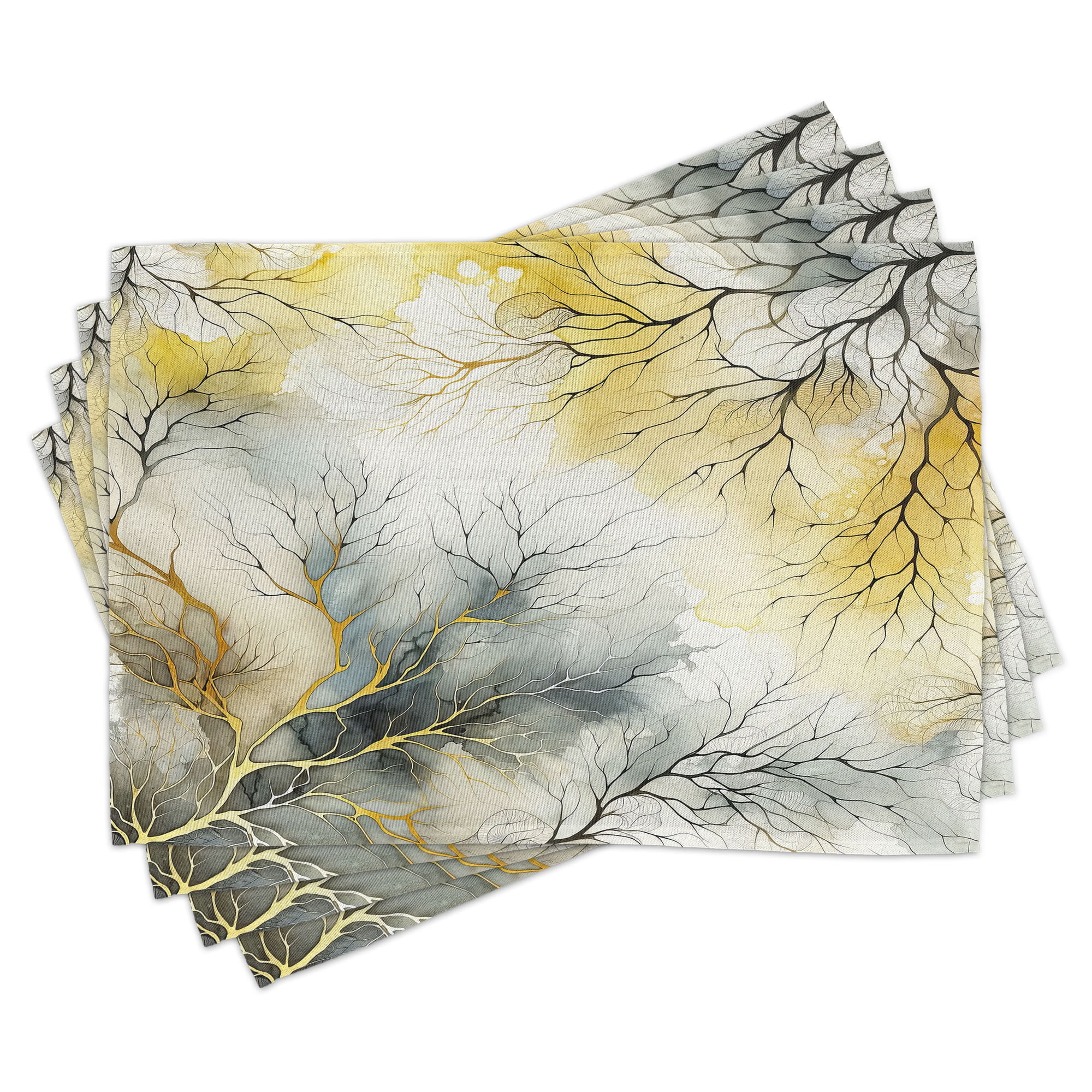 Mustard Blue Grey Khaki Watercolor Branch Polyester Placemats Set of 4
