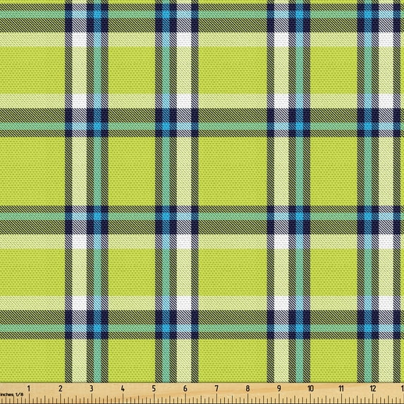 Ambesonne Yellow Plaid Fabric by the Yard Upholstery, Minimalist Tartan Plot, 2 Yards, Olive Green Sky Blue