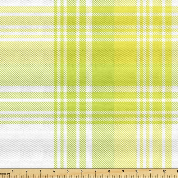 Ambesonne Yellow Plaid Fabric by the Yard Upholstery, Ombre Lines Squares, 2 Yards, Mustard White Apple Green