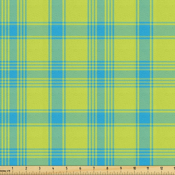 Ambesonne Yellow Plaid Fabric by the Yard Upholstery, Ombre Tartan Print, 1 Yard, Deep Sky Blue and Apple Green